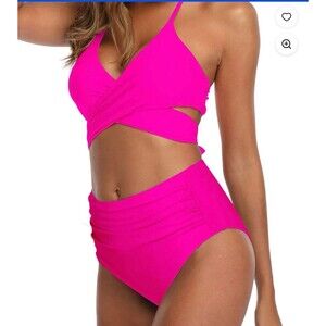 Cross Wrap Halter Bikini Set Pink Size L(8)